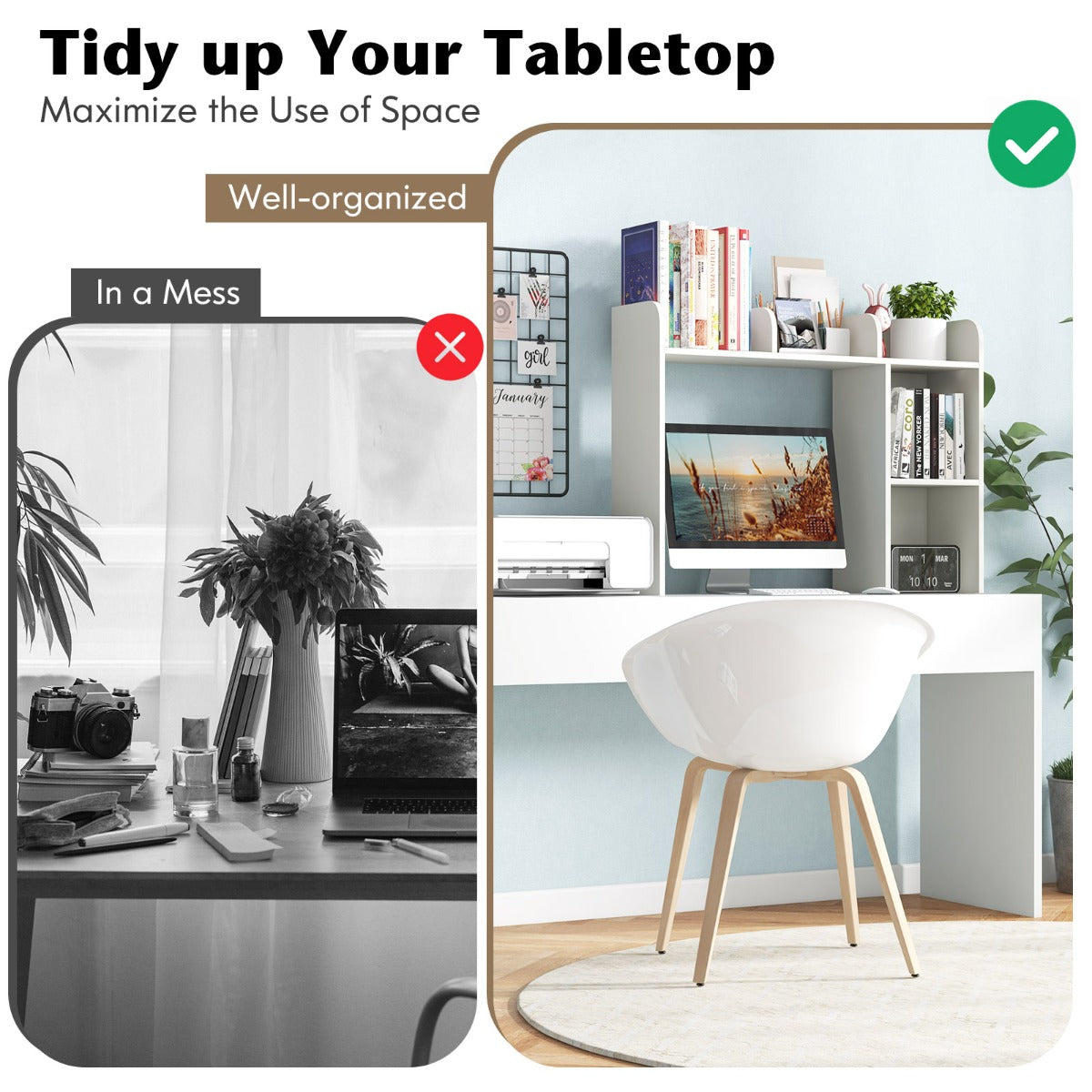3-Tier Desk Bookshelf with 4 Shelves &amp; Open Back Compartment-White