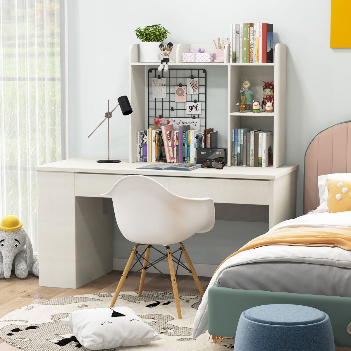 3-Tier Desk Bookshelf with 4 Shelves &amp; Open Back Compartment-White