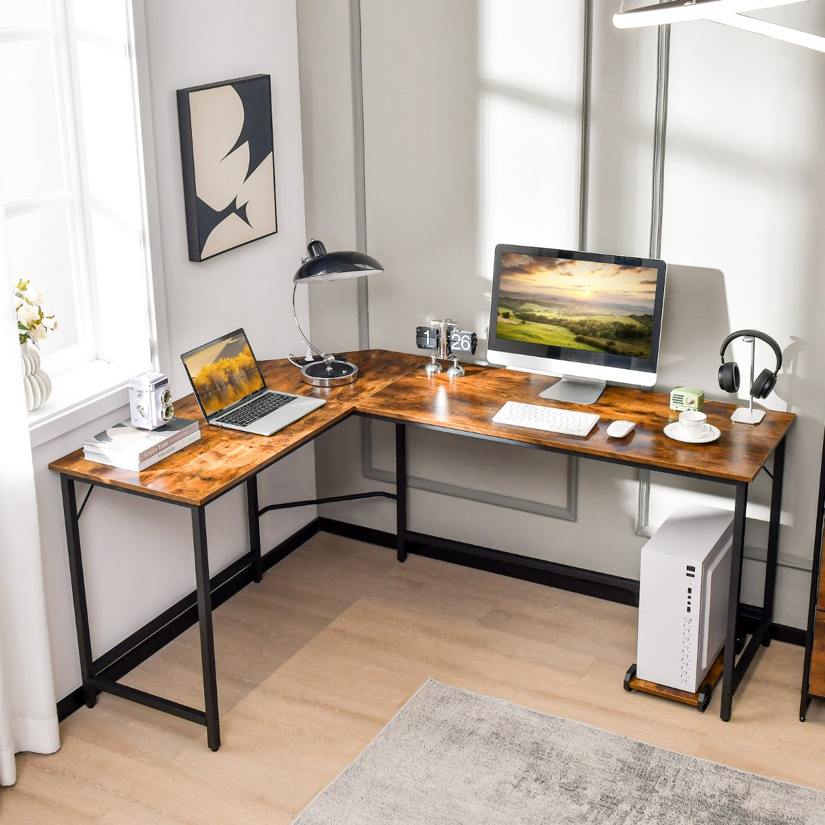 L-Shaped Desk with CPU Stand &amp; Heavy-duty Metal Frame-Coffee