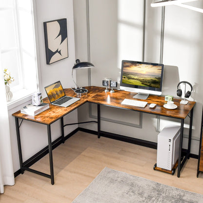 L-Shaped Desk with CPU Stand &amp; Heavy-duty Metal Frame-Coffee