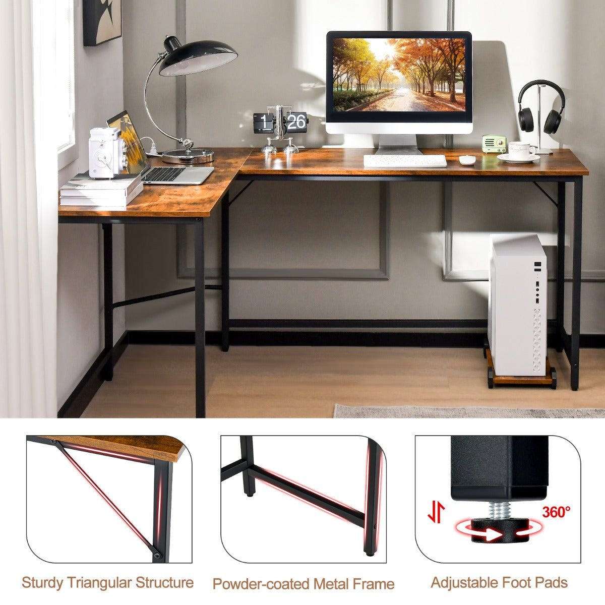 L-Shaped Desk with CPU Stand &amp; Heavy-duty Metal Frame-Coffee