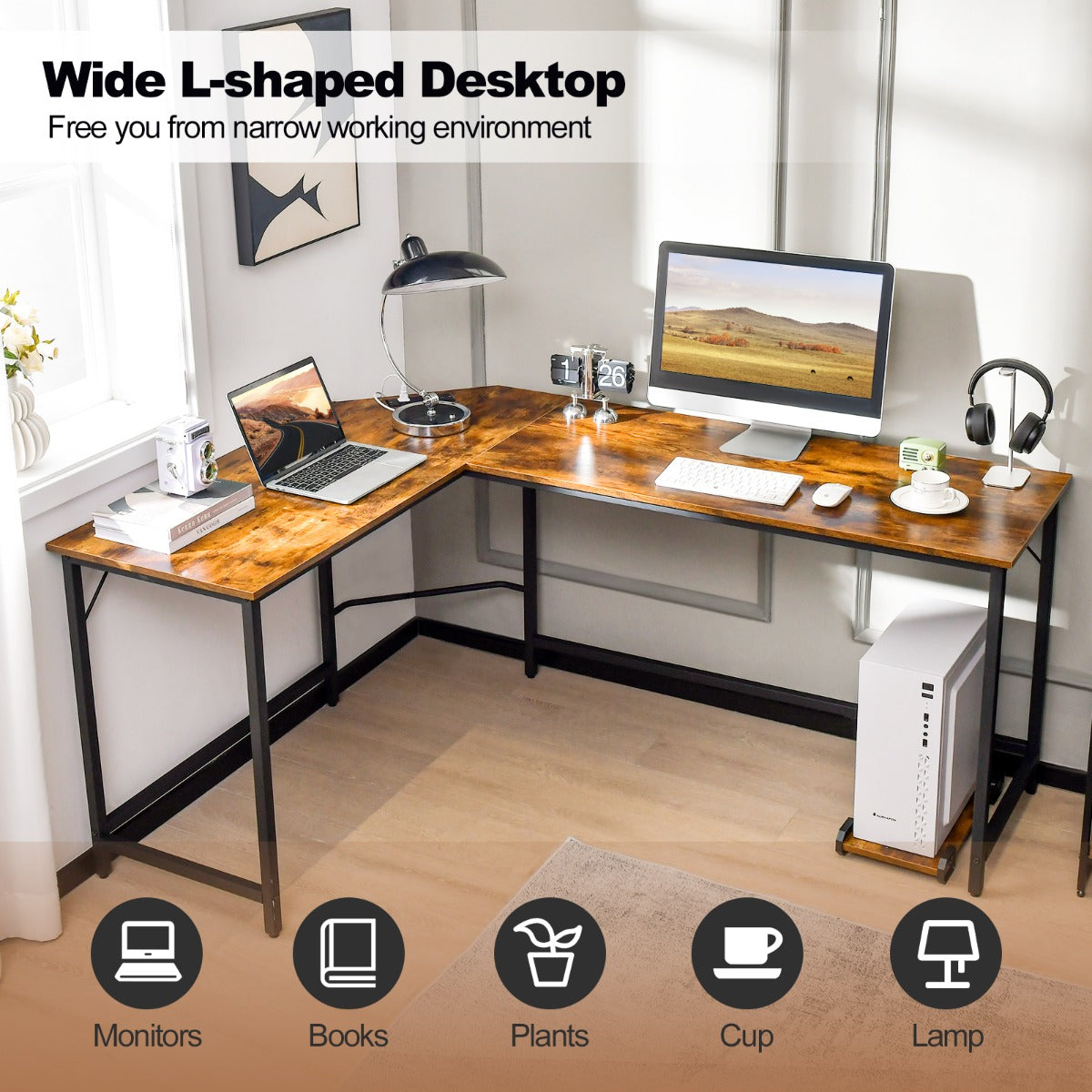 L-Shaped Desk with CPU Stand &amp; Heavy-duty Metal Frame-Coffee