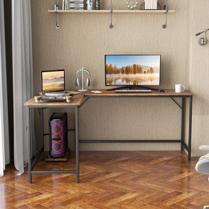 L-Shaped Desk with CPU Stand &amp; Heavy-duty Metal Frame-Coffee