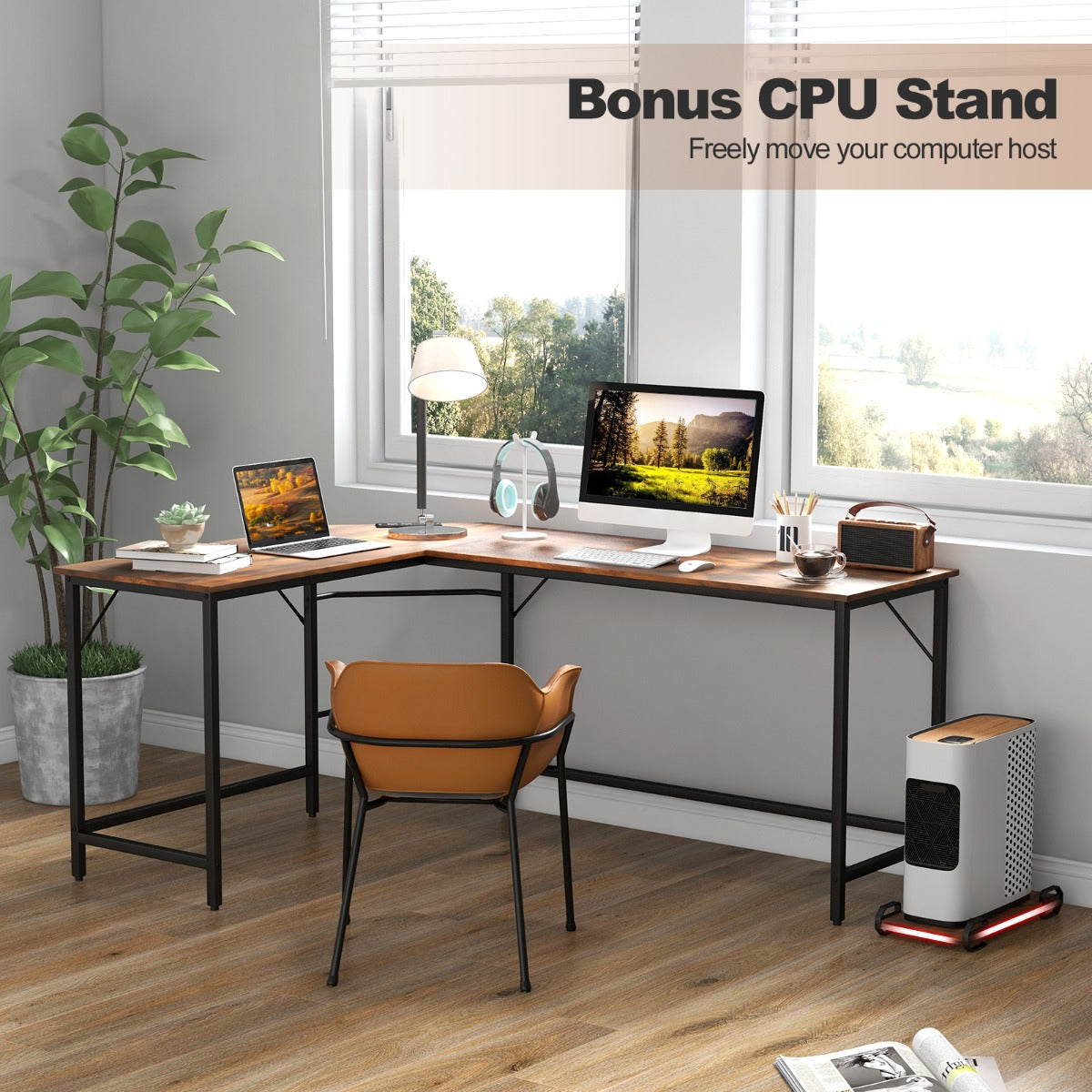 L-Shaped Desk with CPU Stand &amp; Heavy-duty Metal Frame-Coffee