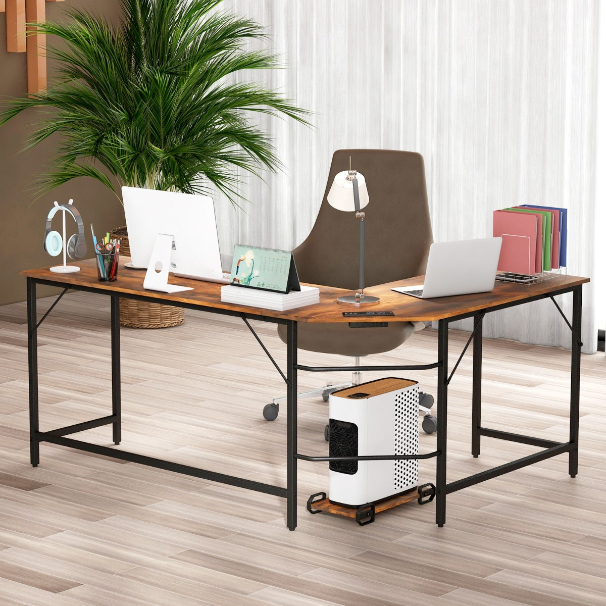 L-Shaped Desk with CPU Stand &amp; Heavy-duty Metal Frame-Coffee
