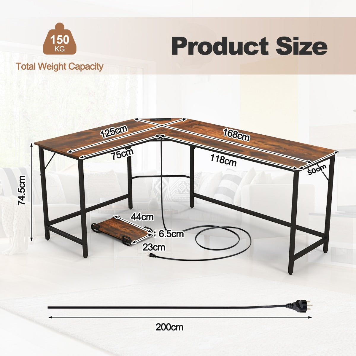 L-Shaped Desk with CPU Stand &amp; Heavy-duty Metal Frame-Coffee