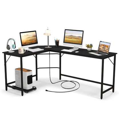 L-Shaped Desk with CPU Stand &amp; Heavy-duty Metal Frame-Black