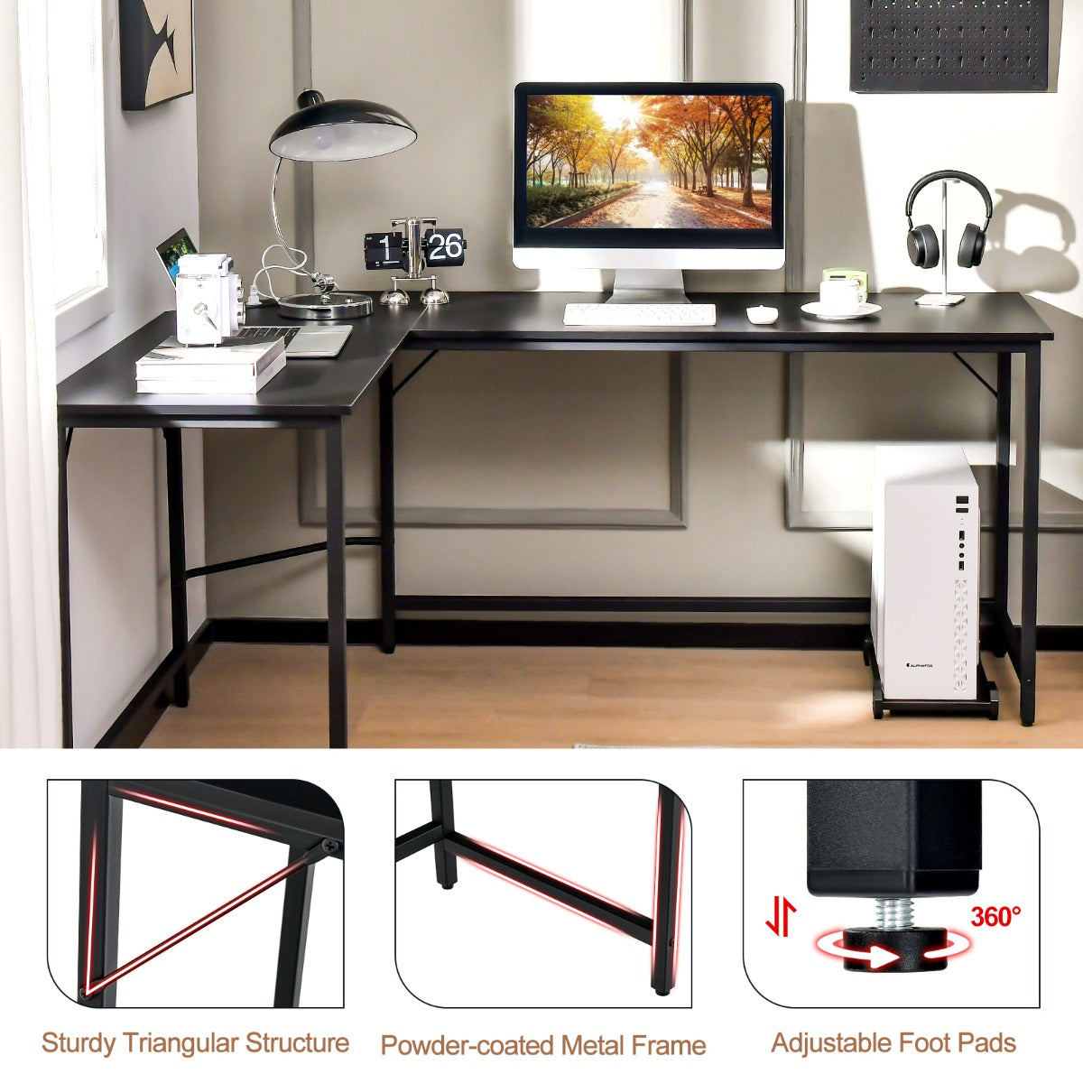 L-Shaped Desk with CPU Stand &amp; Heavy-duty Metal Frame-Black