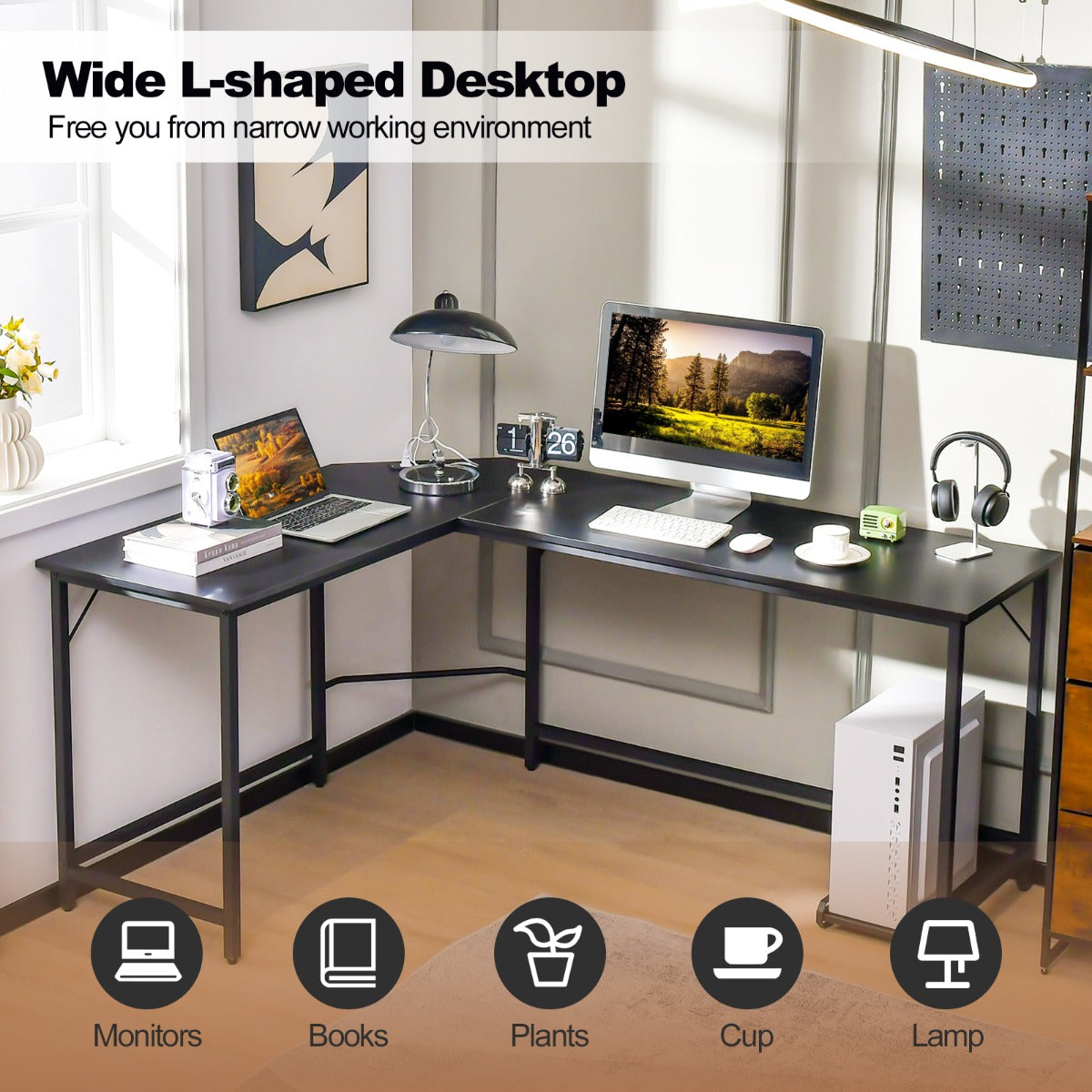 L-Shaped Desk with CPU Stand &amp; Heavy-duty Metal Frame-Black
