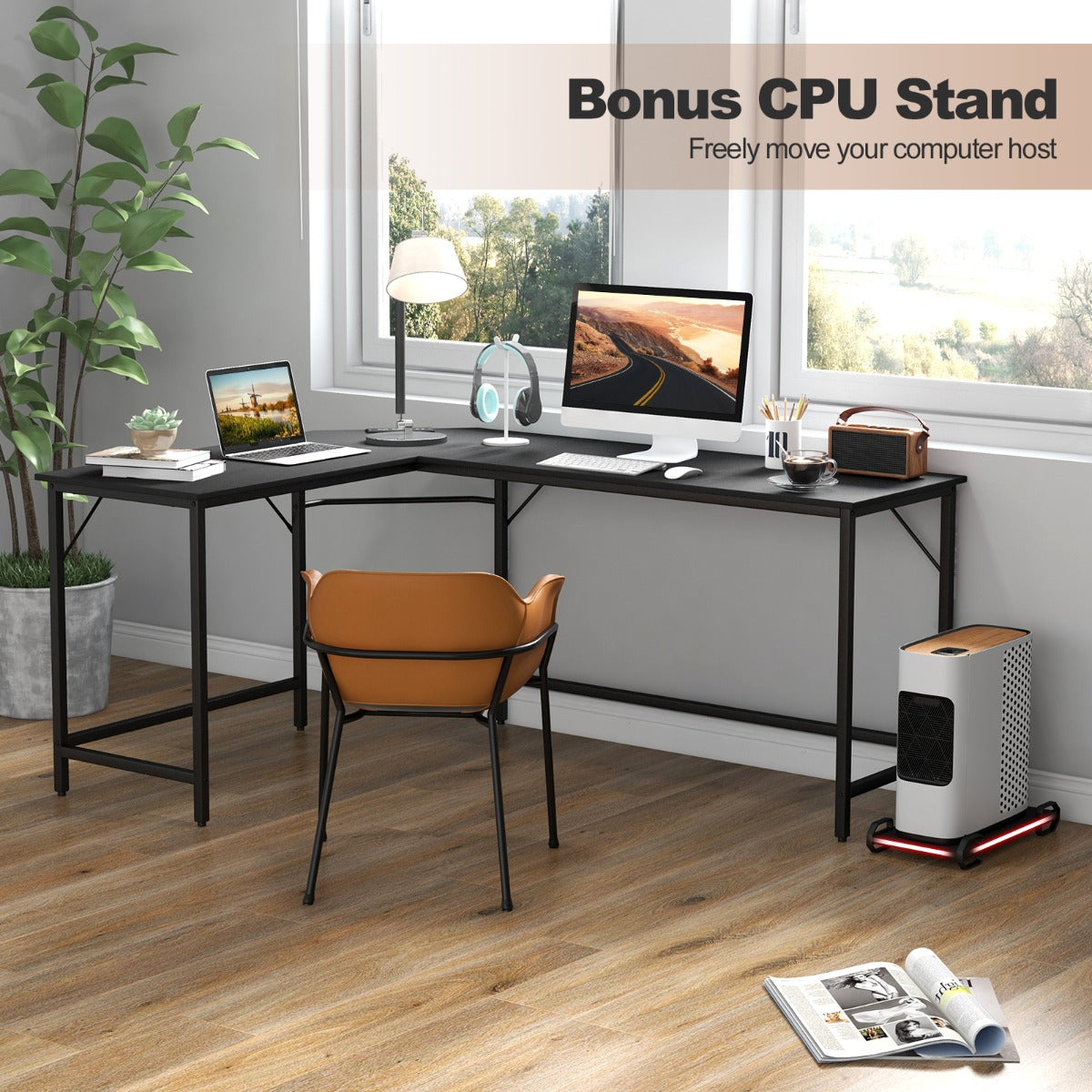 L-Shaped Desk with CPU Stand &amp; Heavy-duty Metal Frame-Black