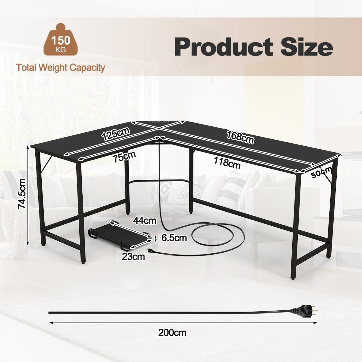 L-Shaped Desk with CPU Stand &amp; Heavy-duty Metal Frame-Black