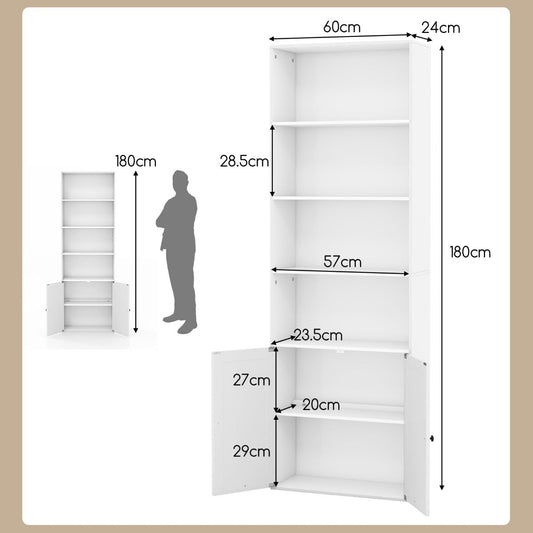 180cm white farmhouse bookshelf with six tiers, four open shelves, and two cabinet doors