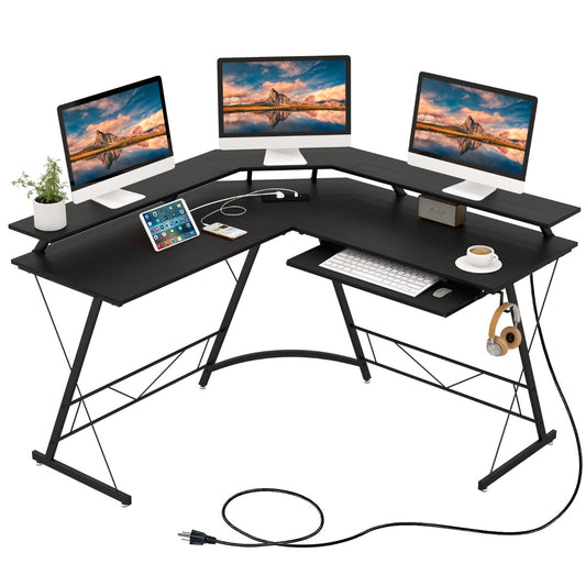 Costway L-shaped Computer Desk with Power Outlet  for Home Office-Black