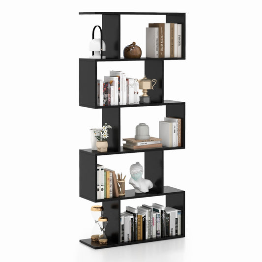 Five spacious shelves provide organized space for books, photos, plants, and decorative collections