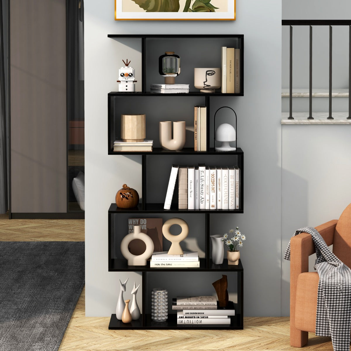 Costway Geometric S-Shaped Bookcase with Anti-Toppling Device for Living Room/ Home/ Office