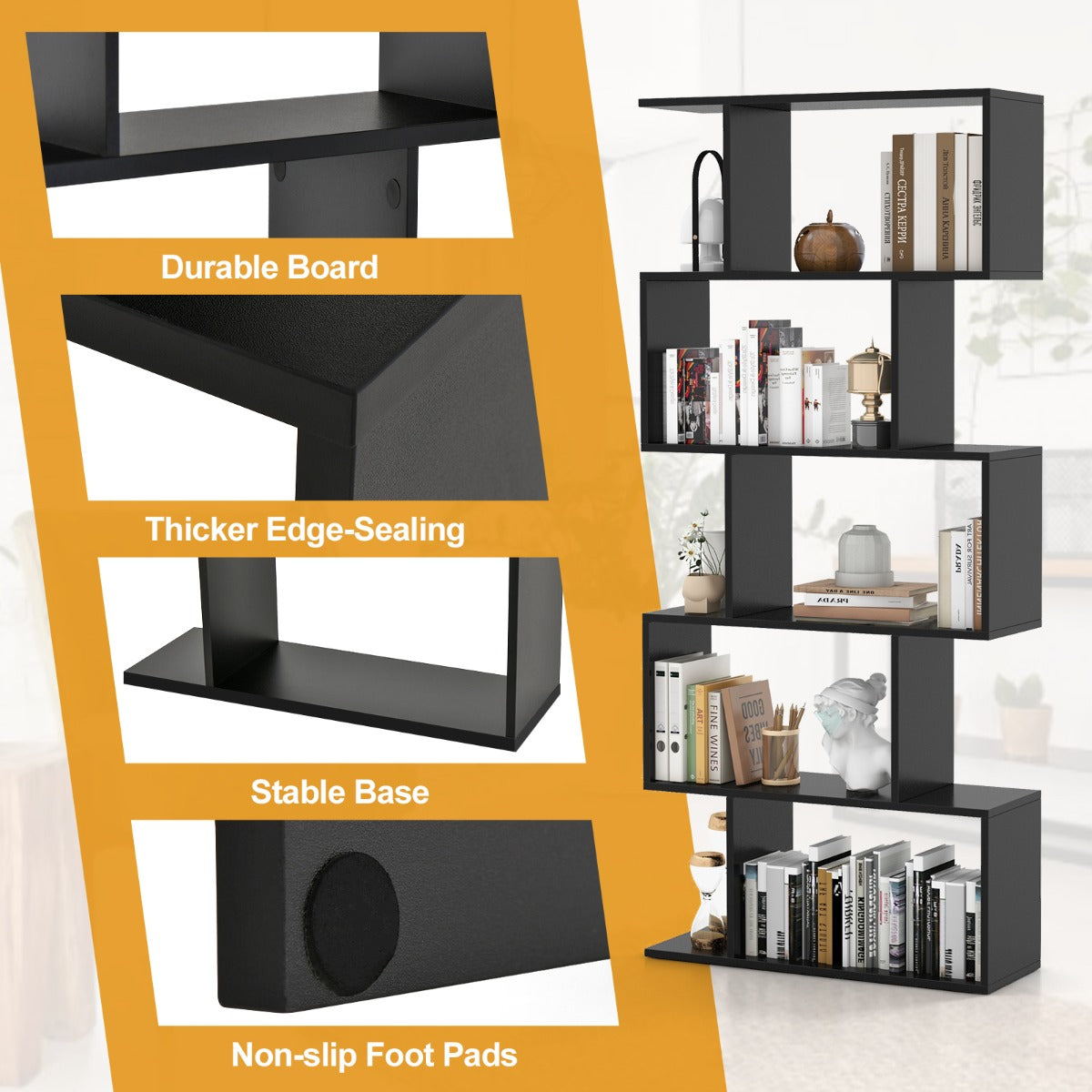 Costway Geometric S-Shaped Bookcase with Anti-Toppling Device for Living Room/ Home/ Office