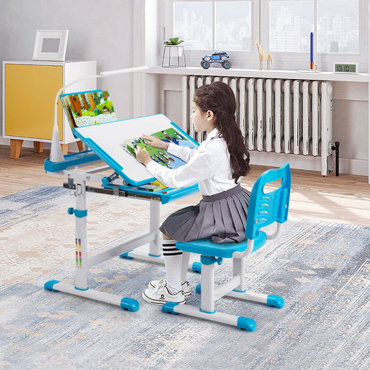 Costway Home School Children Desk and Chair Set for Boys and Girls-Blue