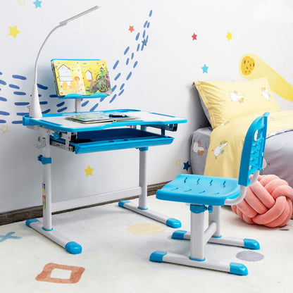 MDF kids study desk set includes one chair, LED lamp, cable, and easy assembly instructions