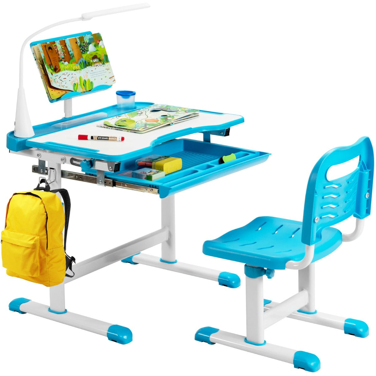 MDF kids study desk set includes one chair, LED lamp, cable, and easy assembly instructions