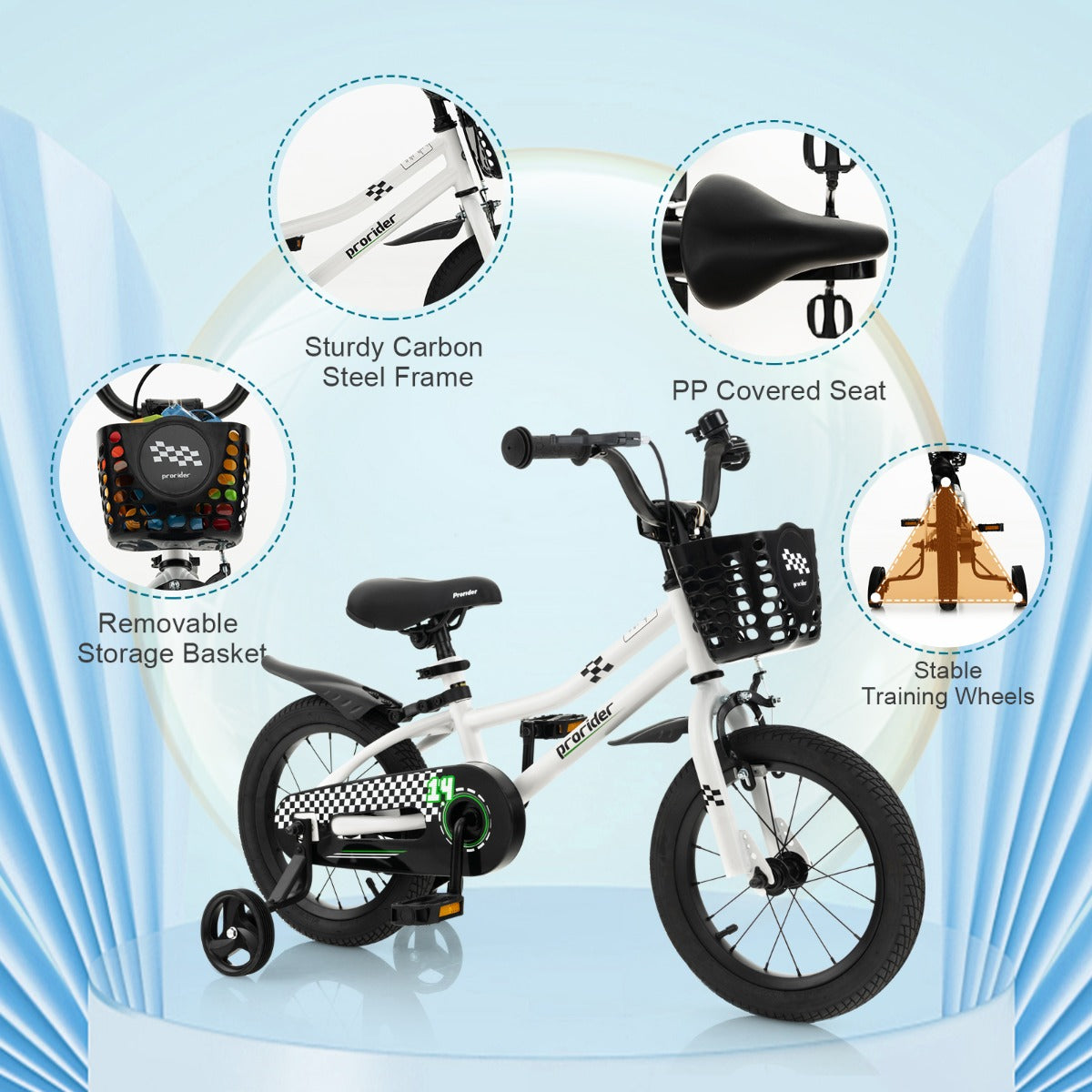 Children Training Bicycle with Handbrake and Coaster Brake-Black & White-14 inches