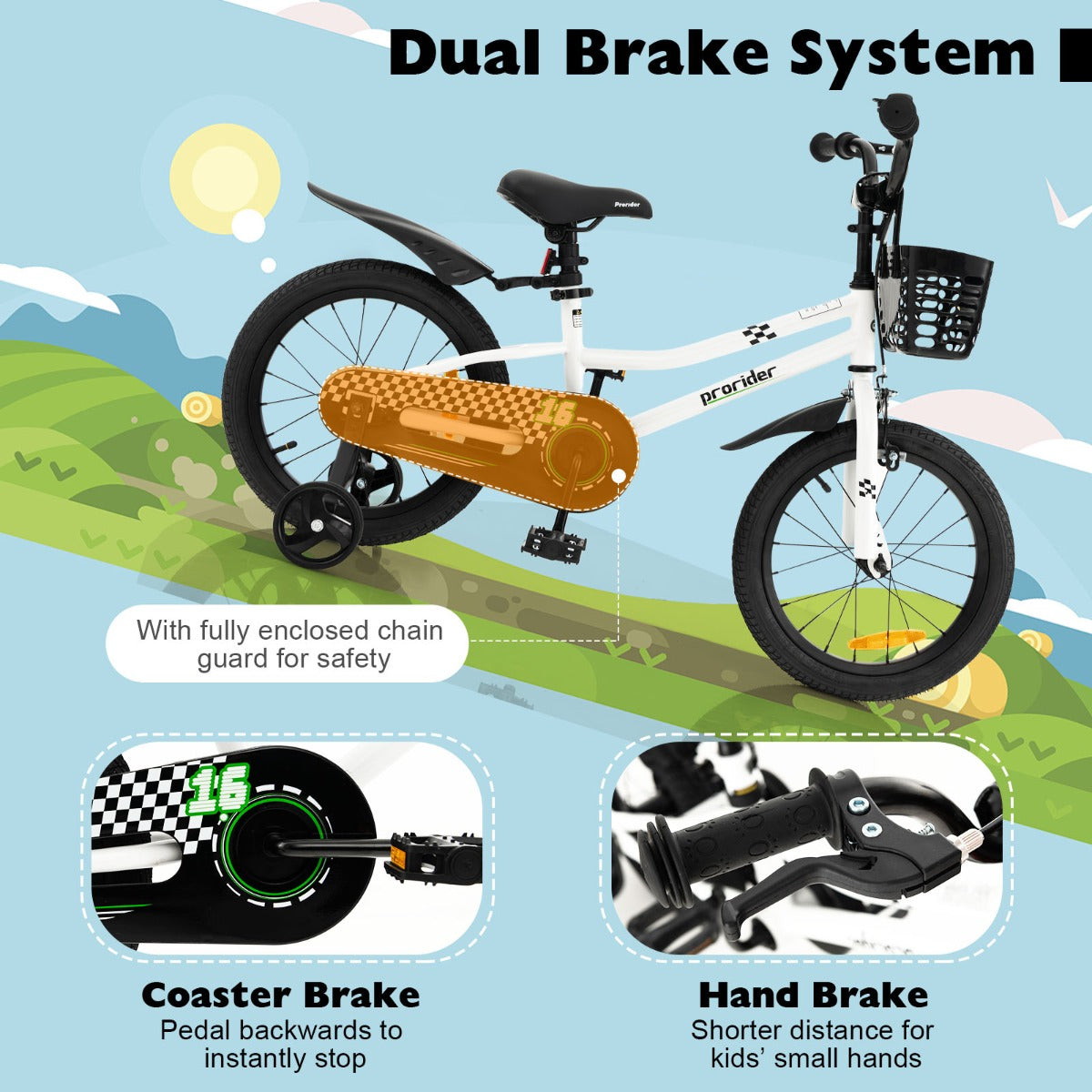 Children Training Bicycle with Handbrake and Coaster Brake-Black & White-16 inches