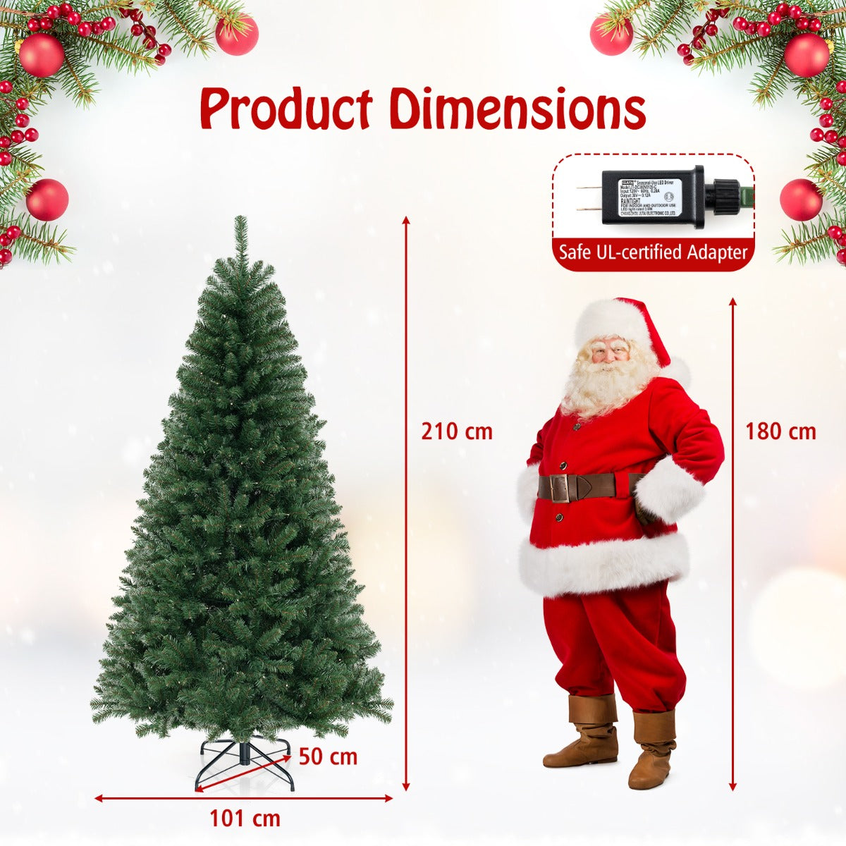 Costway 1.8/2.1/2.4M Christmas Tree with 568/830/1182 PVC Branch Tips and 200/250/400 Warm White LED Lights-L