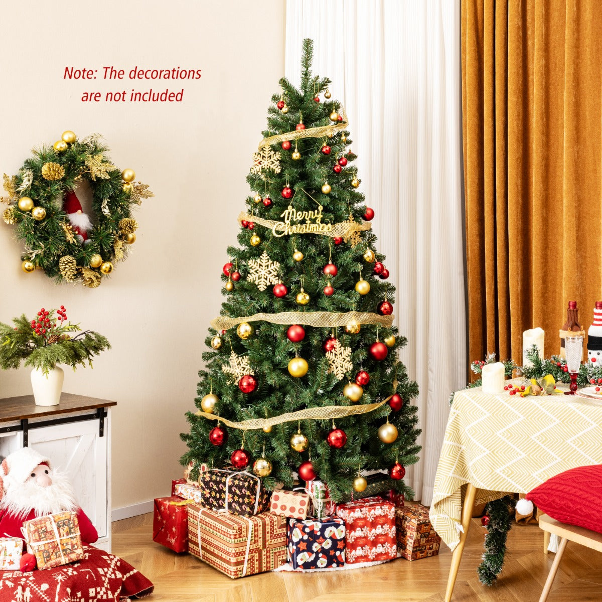 Costway 1.8/2.1/2.4M Christmas Tree with 568/830/1182 PVC Branch Tips and 200/250/400 Warm White LED Lights-L