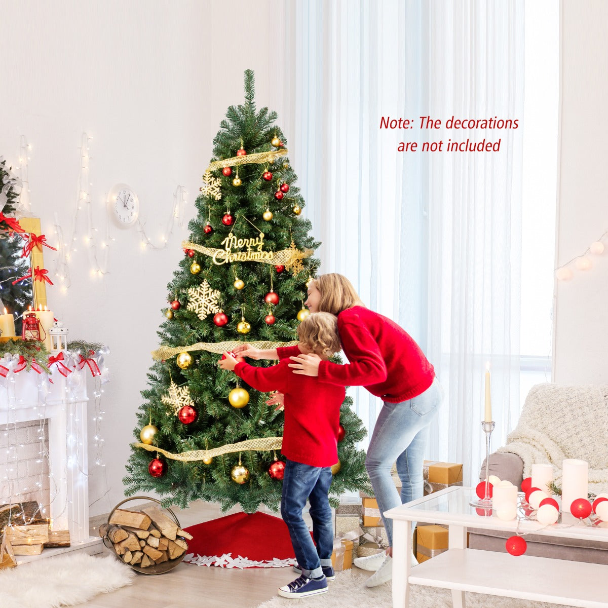 Costway 1.8/2.1/2.4M Christmas Tree with 568/830/1182 PVC Branch Tips and 200/250/400 Warm White LED Lights-L