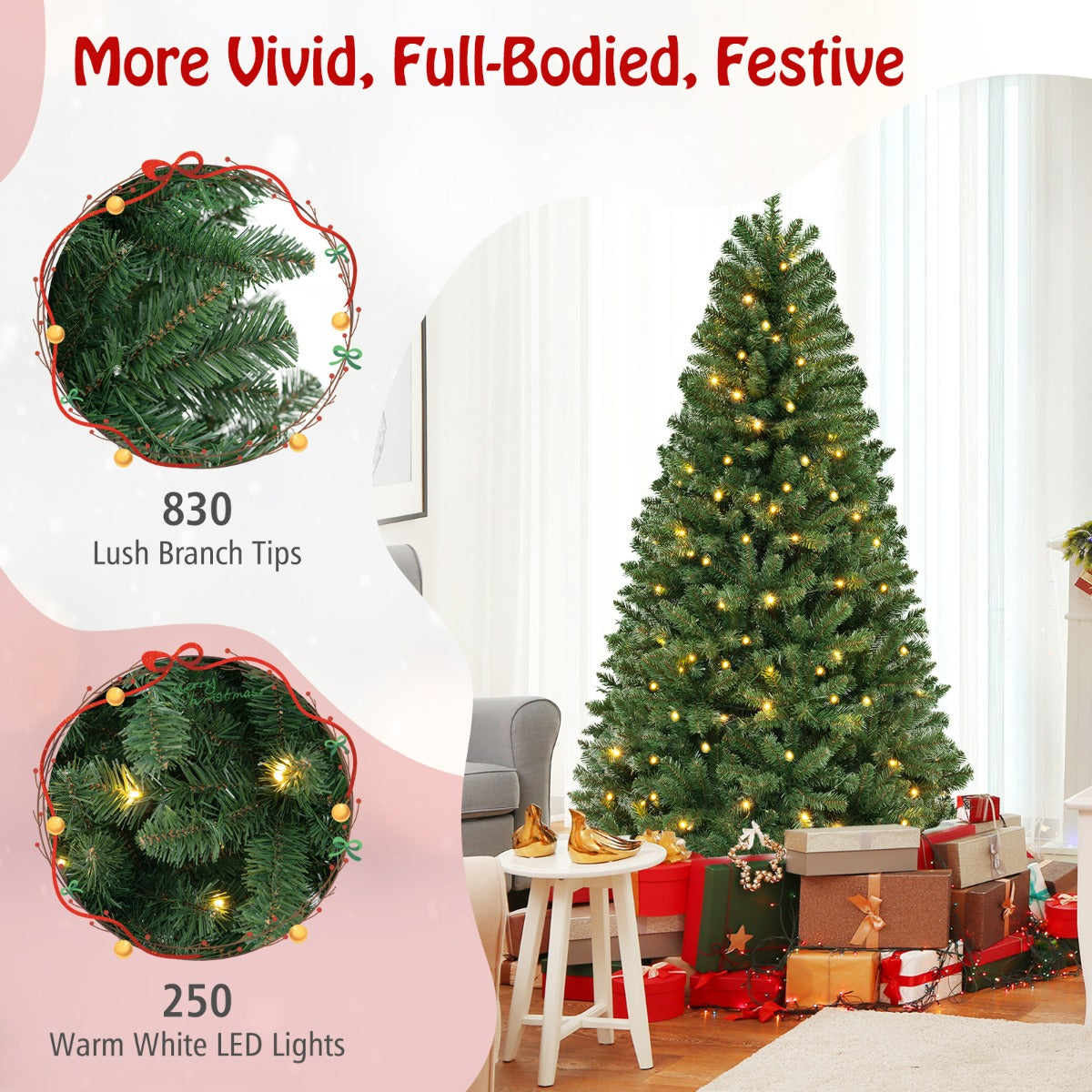 Costway 1.8/2.1/2.4M Christmas Tree with 568/830/1182 PVC Branch Tips and 200/250/400 Warm White LED Lights-L