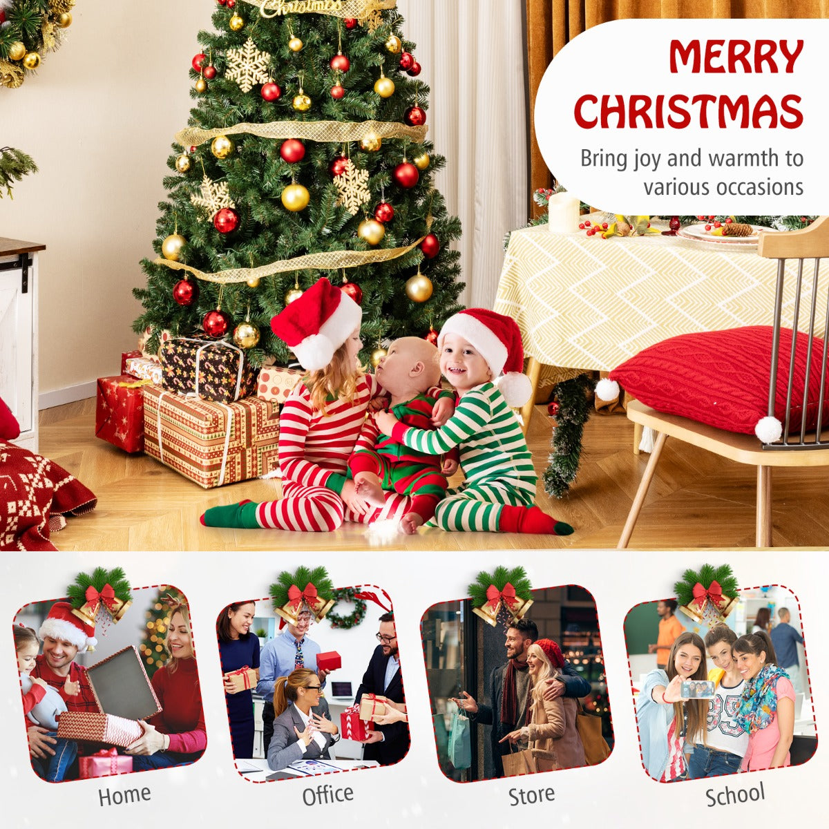 Costway 1.8/2.1/2.4M Christmas Tree with 568/830/1182 PVC Branch Tips and 200/250/400 Warm White LED Lights-L