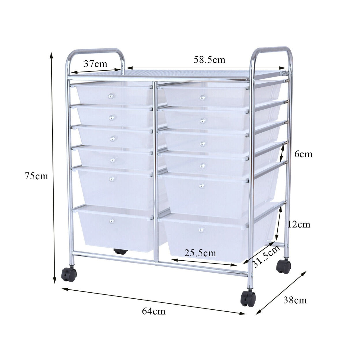 Movable 12-Drawer Storage Trolley with 2 lockable for Home Office Clear