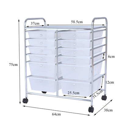 Movable 12-Drawer Storage Trolley with 2 lockable for Home Office Clear