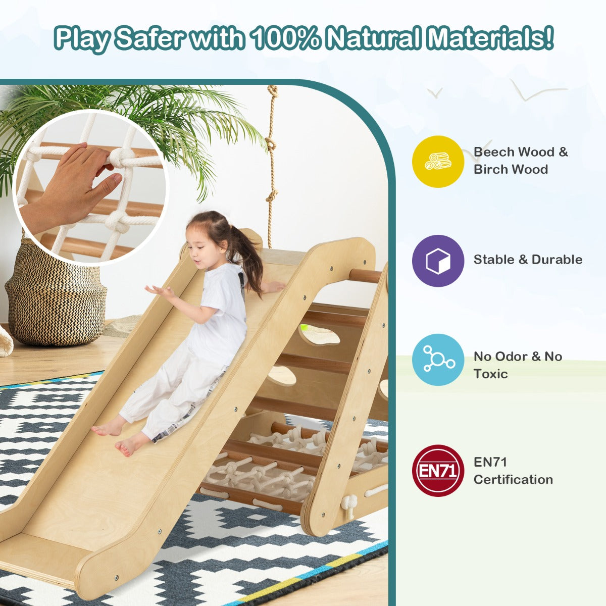 4-in-1 Toddler Climbing Toys with 3-Sided Triangle Climber for Kids-Natural