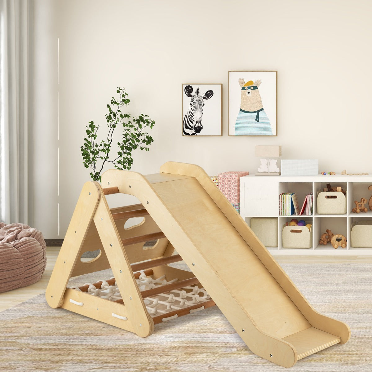4-in-1 Toddler Climbing Toys with 3-Sided Triangle Climber for Kids-Natural
