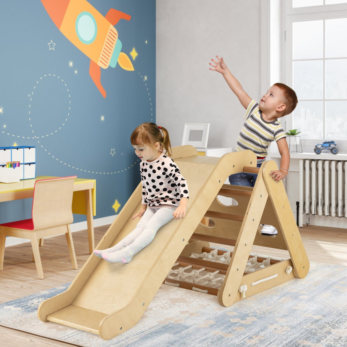 4-in-1 Toddler Climbing Toys with 3-Sided Triangle Climber for Kids-Natural