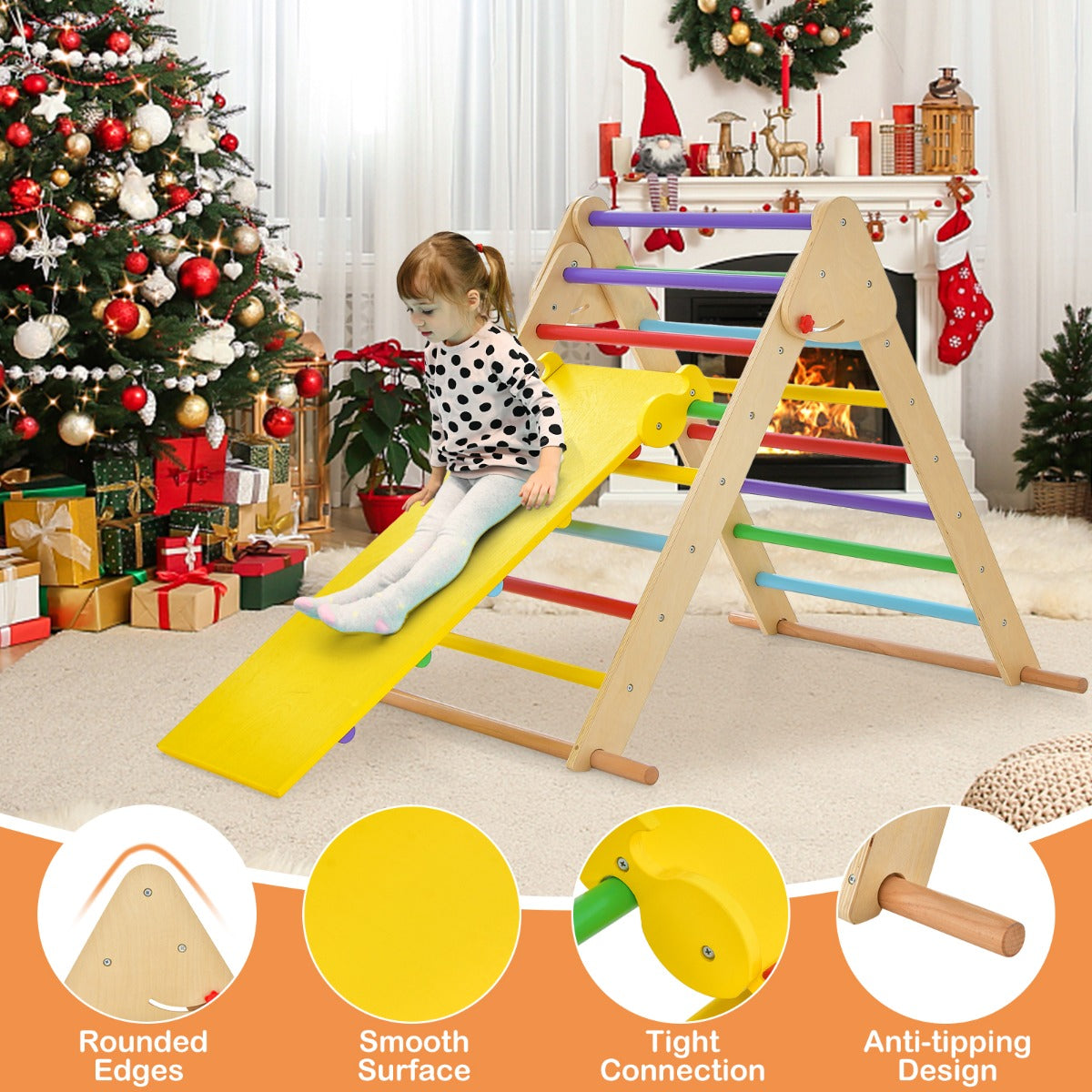 Foldable wooden triangle climber that stores compactly in corners when not in use