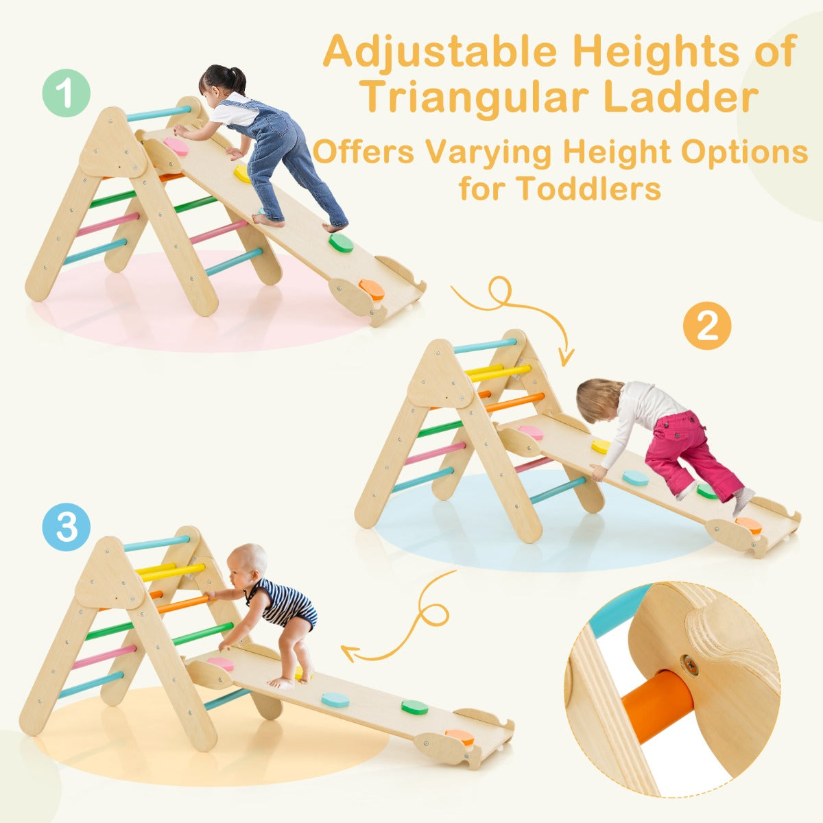 Costway Set of 3 Wood Triangle Climbing Toys for Toddlers-Multicolour