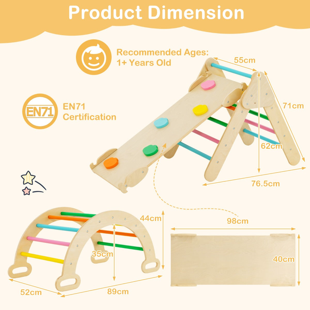 Costway Set of 3 Wood Triangle Climbing Toys for Toddlers-Multicolour