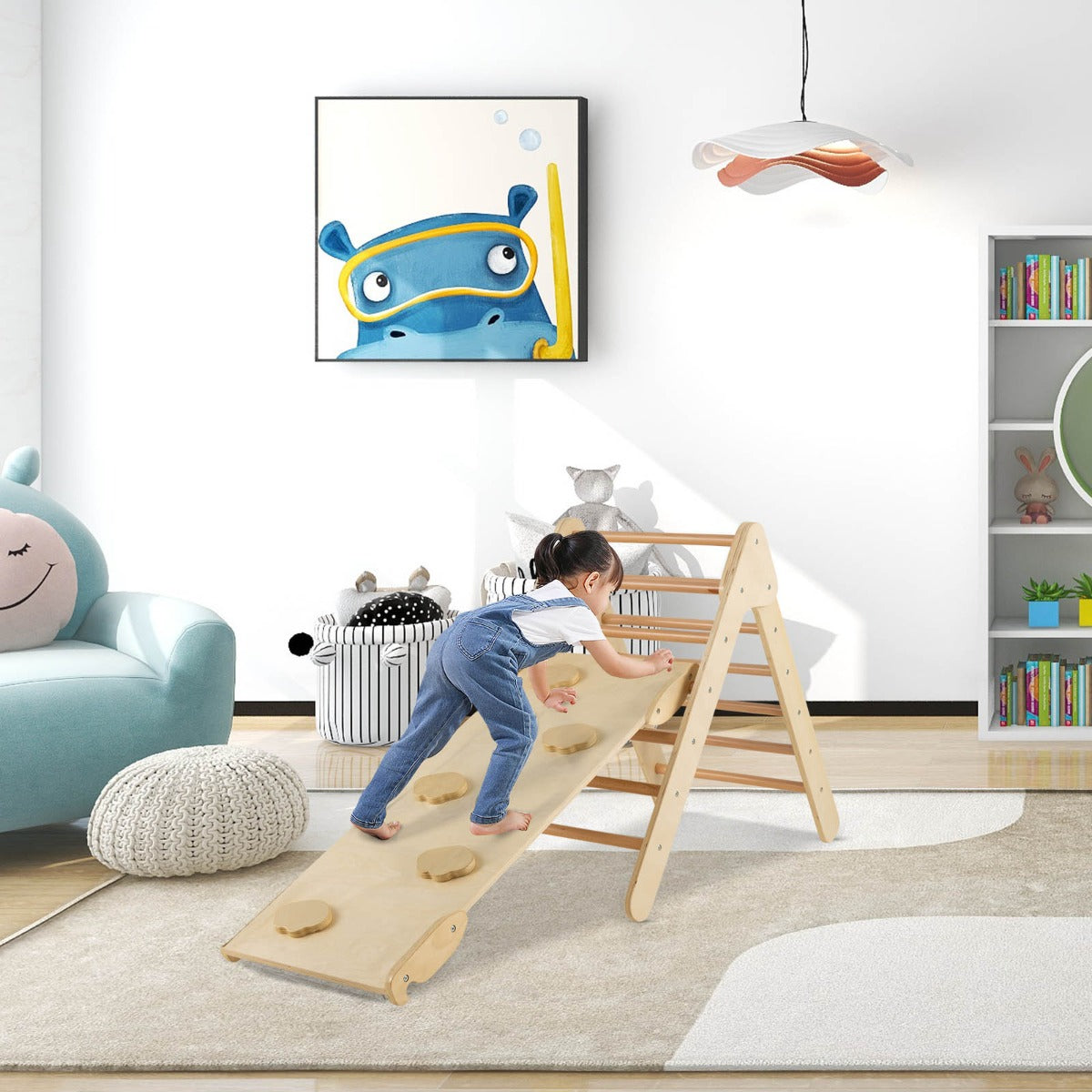 3-in-1 Kid Wooden Climbing Triangle Set Sliding with Reversible Ramp-Natural