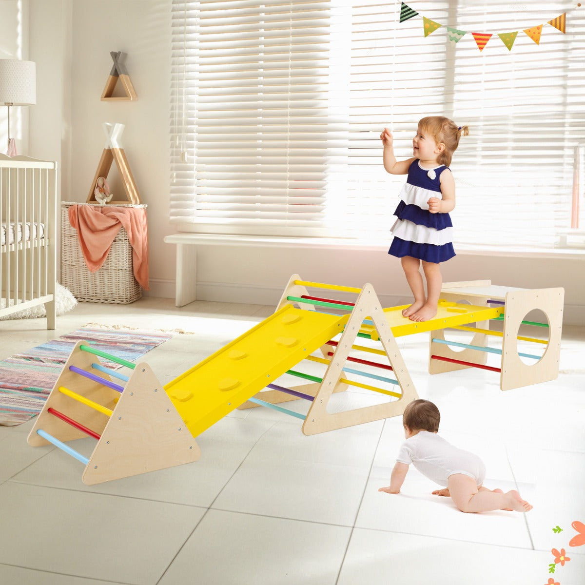 Costway 5 in 1 Montessori Climbing Triangle and Cube  with Slide Board for Kids