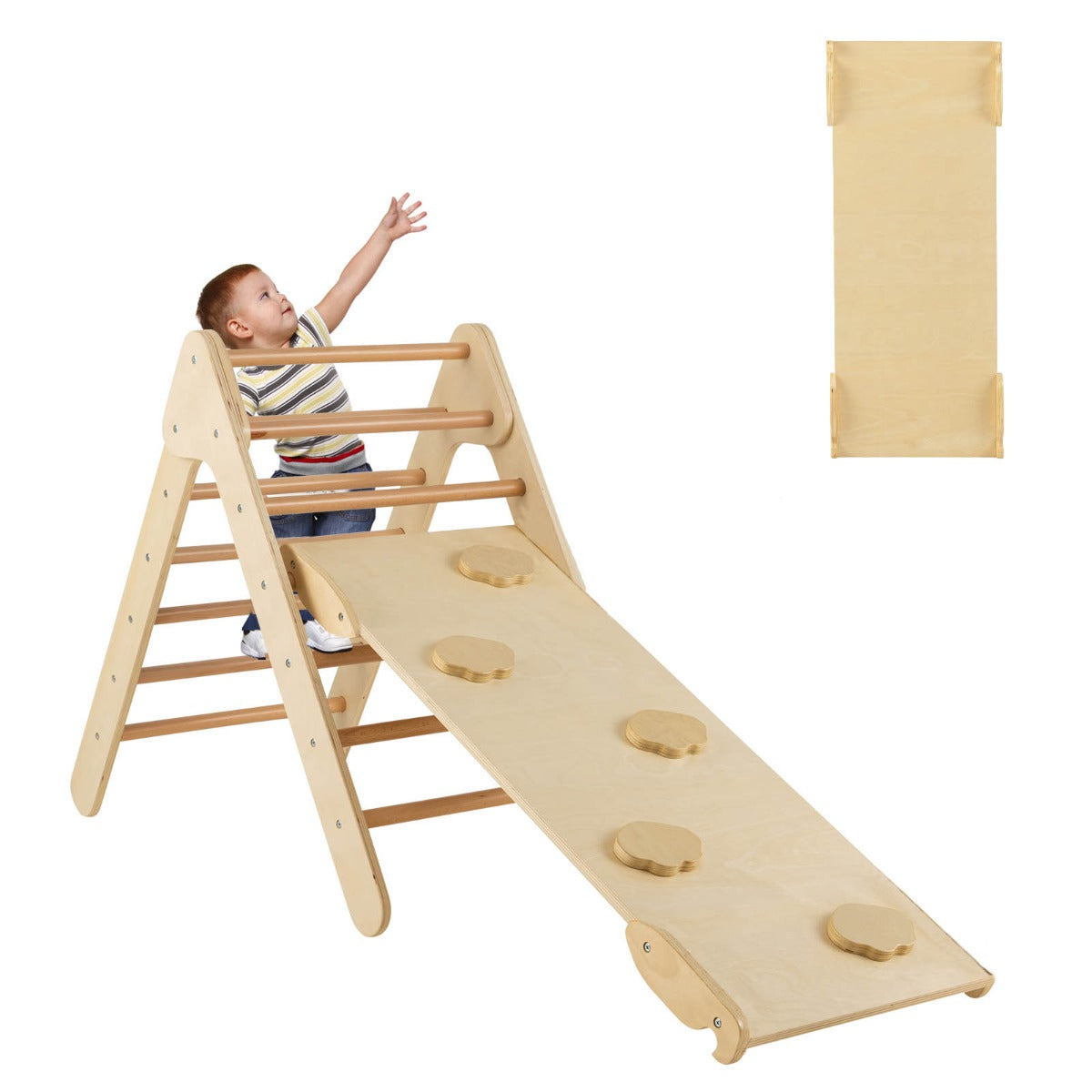 3-in-1 Kid Wooden Climbing Triangle Set Sliding with Reversible Ramp-Natural