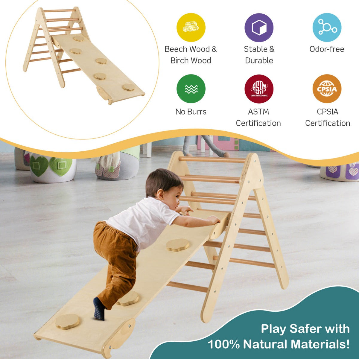 3-in-1 Kid Wooden Climbing Triangle Set Sliding with Reversible Ramp-Natural