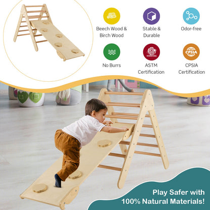 3-in-1 Kid Wooden Climbing Triangle Set Sliding with Reversible Ramp-Natural