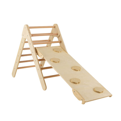 3-in-1 Kid Wooden Climbing Triangle Set Sliding with Reversible Ramp-Natural