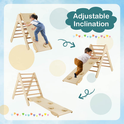 3-in-1 Kid Wooden Climbing Triangle Set Sliding with Reversible Ramp-Natural