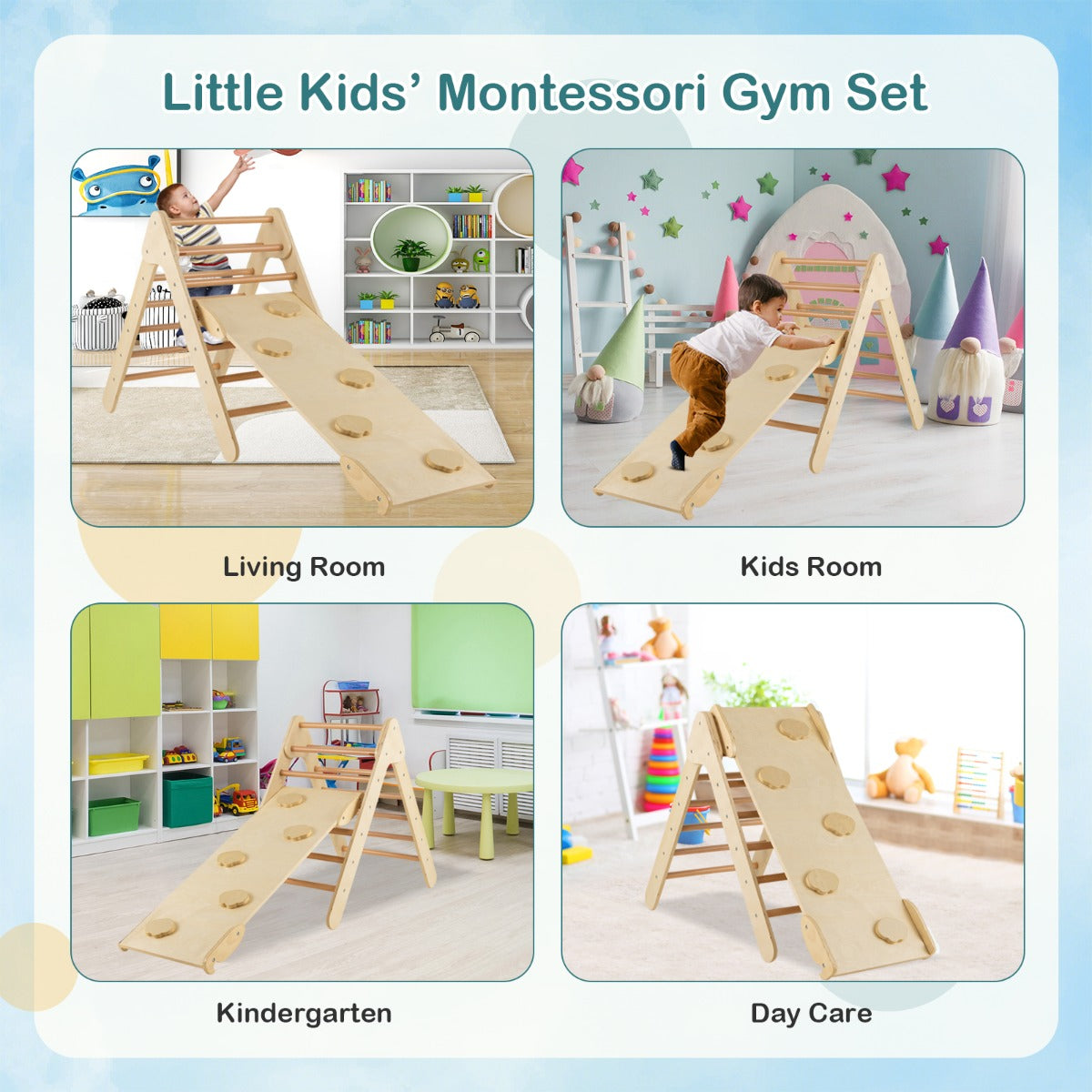 3-in-1 Kid Wooden Climbing Triangle Set Sliding with Reversible Ramp-Natural