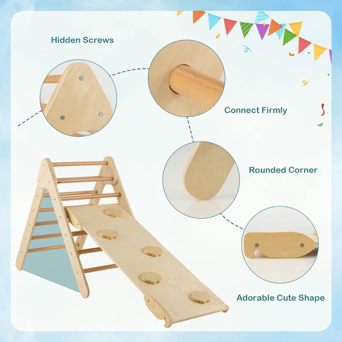 3-in-1 Kid Wooden Climbing Triangle Set Sliding with Reversible Ramp-Natural