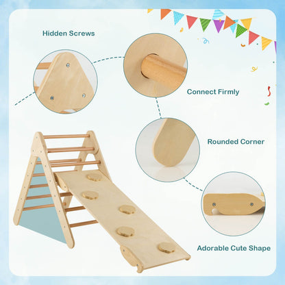 3-in-1 Kid Wooden Climbing Triangle Set Sliding with Reversible Ramp-Natural