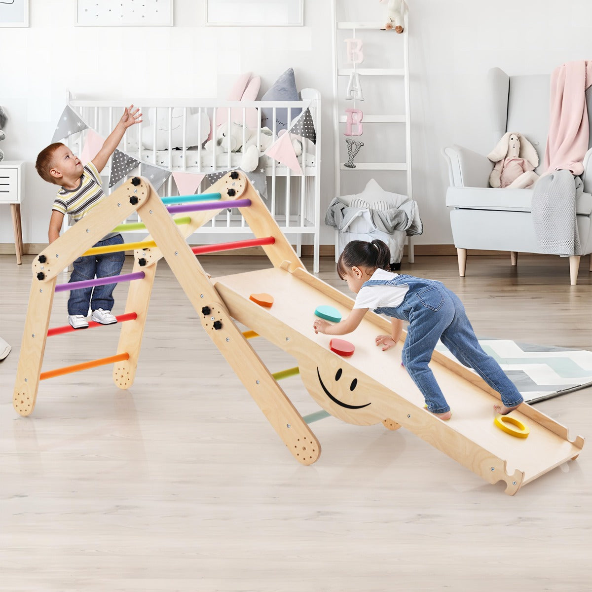 Climbing Triangle Ladder Toy Jungle Gym with Reversible Ramp-Multicolour