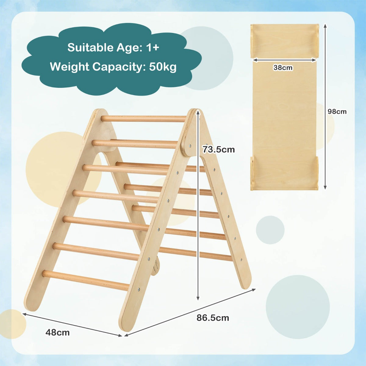 3-in-1 Kid Wooden Climbing Triangle Set Sliding with Reversible Ramp-Natural